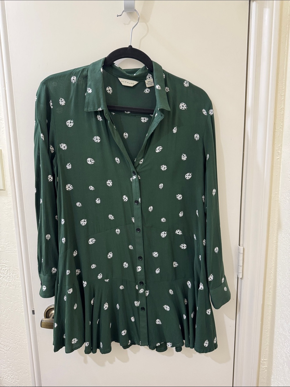 Anthropologie Forest Green Printed Button-Down Tunic Top